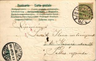 1905 Húsvéti üdvözlet! Dombornyomott szecessziós litho / Eastrer greeting. Art Nouveau, floral, embo...