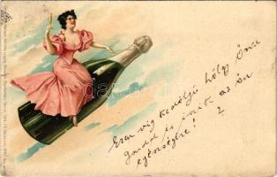 1901 Újévi üdvözlet. Pezsgősüvegen lovagló hölgy / New Year greeting, lady riding on a champagne bottle. Grimme & Hempel Künstler-Postkarten-Serie 504. No. 41. litho (kis szakadás / small tear)