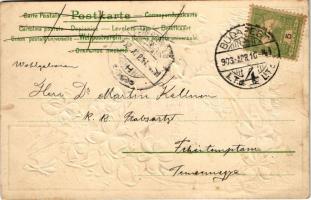 1903 Húsvéti üdvözlet! Nyuszik tojást festenek. Dombornyomott litho / Eastrer greeting, rabbits pain...