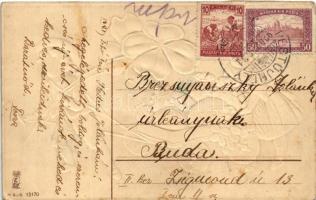 1920 Boldog új évet. Kisgyerekek pénzes kocsival. Dombornyomott litho / New Year greeting, children ...