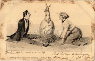 1902 Fröhliche Ostern / Húsvéti üdvözlet! Pár tojásból kikelt nyuszival / Easter greeting, rabbit hatched from an egg. Theo. Stroefers Kunstverlag Postkarte 5670. (EK)
