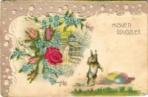 1901 Húsvéti üdvözlet! Dombornyomott nyuszis litho képeslap selyem rátéttel / Easter greeting, rabbit. Embossed, floral, litho silk card (EK)