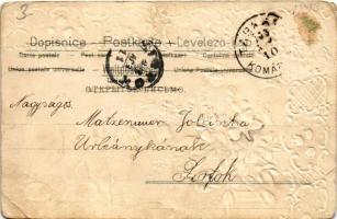 1903 Húsvéti üdvözlet! Dombornyomott nyuszis litho képeslap selyem rátéttel / Easter greeting, rabbi...