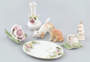 Vegyes porcelán tétel, rózsa meg állatkák, részben jelzett, m: 4-9 cm, kopásokkal