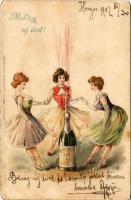 1902 Boldog új évet! Hölgyek körbetáncolnak egy pezsgős üveget / New Year greeting, ladies dancing around a champagne bottle. Erika Nr. 682. litho (Rb)