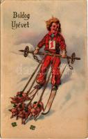 1943 Boldog újévet! Síelő gyerek malacvokkal / New Year greeting, skiing child with pigs. litho (EK)