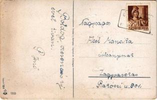 1943 Boldog újévet! Síelő gyerek malacvokkal / New Year greeting, skiing child with pigs. litho (EK)