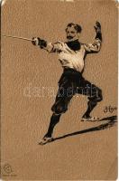 Vívó. Dombornyomott / Fencer. E.S.D. Serie 8120. Embossed litho s: A. Heyer (fa)