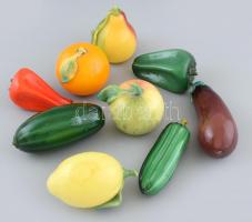 Muranoi gyümölcsök, zöldségek, 9db jelzés nélkül, vegyes méretben h: cca. 10 cm. Szép állapotban.