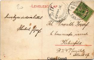 1908 Déva, vár / castle + "VÖRÖSTORONY - BUDAPEST 255. SZ. B" vasúti mozgóposta bélyegző (...