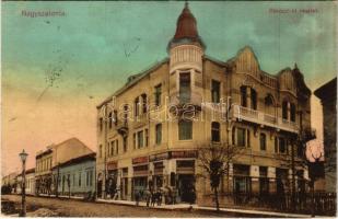 1914 Nagyszalonta, Salonta; Rákóczi út, Nagy Gyula, Maller József üzlete. Székely kiadása / street view with shops