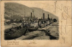 1901 Báziás, téli kikötő, MÁV vontatóhajók és háttérben kotróhajó / towing steamships and dredge in the background, winter port + BUDAPEST - BÁZIÁS 4. SZ. vasúti mozgóposta bélyegző (fa)