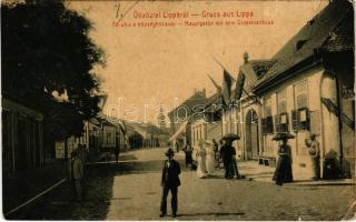 1910 Lippa, Lipova; Fő utca, Községháza, Singer Antal üzlete, magyar zászlók. W.L. 3047. / Hauptgasse mit dem Gemeindehaus / main street with town hall, shop, Hungarian flags (kis szakadás / small tear)