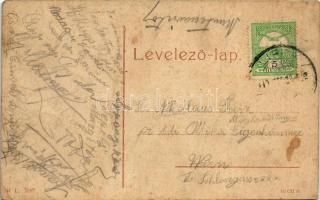 1910 Lippa, Lipova; Fő utca, Községháza, Singer Antal üzlete, magyar zászlók. W.L. 3047. / Hauptgass...