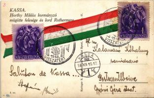 1938 Kassa, Kosice; bevonulás, Horthy Miklós kormányzó mögötte felesége és lord Rothermere. Hátoldal...