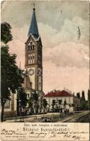 1906 Buziásfürdő, Baile Buzias; Római katolikus templom, szálloda. Nosek Gusztáv kiadása / Catholic church, hotel (kis szakadások / small tears)
