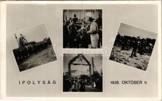 1938 Ipolyság, Sahy; Október 11. emlék a bevonuláskor, cserkész, Isten hozott díszkapu, kerékpáros katonák / entry of the Hungarian troops, decorated gate, scout, bicycle troops + 1938 AZ ELSŐ VISSZATÉRT MAGYAR VÁROS So. Stpl