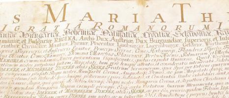 VÉDETT!!! 1750 A Dinnyés család címereslevele (armalis) Mária Terézia autográf aláírásával Sérült, s...