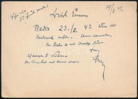 1942 Lehár Ferenc (1870-1948) zeneszerző német nyelvű, autográf levelezőlapja Papházy Istvánnénak Bécsből / 1942 Autograph postcard of Franz Lehar (1870-1948) from Vienna
