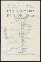 1935 Basilides Mária és Bartók Béla hangversenyének meghívója és műsora Bartók és Basilides autográf aláírásával / Autograph signed concert flyer