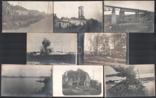 cca 1914-1918 Háborús képek, felrobbantott hidak, viadukt, hajó, megfigyelőállás, szétlőtt házak, stb., 12 db fotó, 9×14 cm
