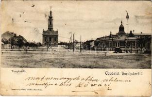 1903 Budapest XXIII. Soroksár, Templom tér. Nasinszky Ödön kiadása + BUDAPEST - KASSA 10. SZ. vasúti mozgóposta bélyegző (fl)