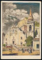 Bajor Ágost (1892-1958): Taormina, San Giuseppe. Színezett rézkarc, papír, jelzett, 17×12,5 cm