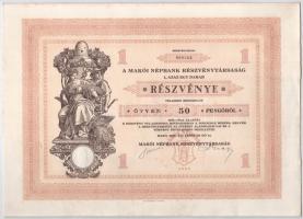 Makó 1929. "Makói Népbank Részvénytársaság" részvénye 50P-ről (2x), sorszámkövetők "0...