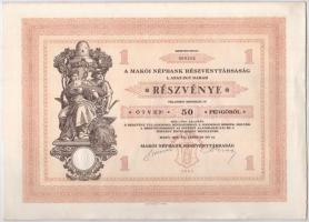 Makó 1929. "Makói Népbank Részvénytársaság" részvénye 50P-ről (2x), sorszámkövetők "0...