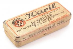 cca 1930 Karil tabletta fém dobozka, Dr. Wander Gyógyszer- és Tápszergyár Rt. Bp., belül reklámmal, kissé kopott, 5x2 cm