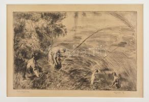 Aszódi Weil Erzsébet (1901-1976): Dunánál (Horgászok). Rézkarc papír, jelzett, paszpartuban, 18,5×29 cm