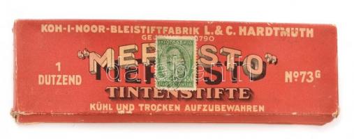 cca 1930-1940 Koh-I-Noor-Bleistiftfabrik L.&C. Hardtmutch Mephisto Tintenstifte, régi töltőtoll papírdoboz, tetején jugoszláv bélyegzéssel, 18x5 cm