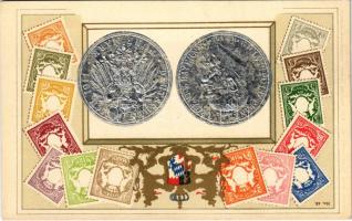 5 Márka - Német pénzérme és bélyegek. Dombornyomott / Fünf Mark - German coins and stamps. No. 42. Art Nouveau, embossed litho