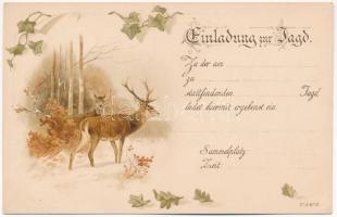 Einladung zur Jagd / Vadászati meghívó / Hunting invitation art postcard with deer. Art Nouveau, litho