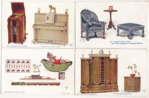 The Queens Doll House. Raphael Tuck & Sons Oilette The Queens Doll House Series - 4 db régi képeslap / 4 pre-1945 postcards