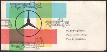 cca 1960 Mercedes tehergépkocsik, német nyelvű, illusztrált ismertető prospektus, kihajtható, foltokkal