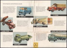 cca 1960 Mercedes tehergépkocsik, német nyelvű, illusztrált ismertető prospektus, kihajtható, foltok...