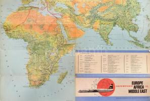 cca 1960-1970 Interflug Europe-Africa-Middle East, NDK-s légitársaság ismertető prospektusa, kihajtható, a nemzetközi járatok útvonalait bemutató térképekkel, 58,5x39,5 cm