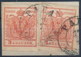 1850 2 x 3kr HP I cinóber színű bélyegek kivágáson PÁPA Certificate: Strakosch