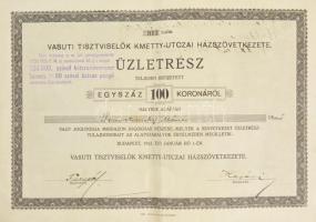 Budapest 1922. "Vasúti Tisztviselők Kmetty-utczai Házszövetkezete" névre szóló üzletrész 1...