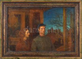 Szabó Vladimir (1905-1991): Ablak előtt. Olaj, rétegelt falemez. Jelezve balra lent: Ligatúrás jelzéssel. 26 x 39 cm / oil on wood, saigned lower left, framed
