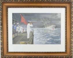 Boldog B. 1960 jelzéssel: Süllyedő hajó előtt tisztelgő kapitány. Olaj, papír. Üvegezett keretben. 30x43 cm