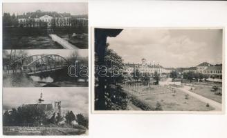 Sepsiszentgyörgy, Sfantu Gheorghe; Szabadság tér, híd, vár, Prefectura - 2 db régi képeslap / square, bridge, castle ruin - 2 pre-1945 postcards