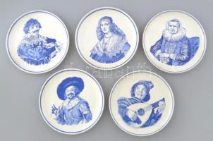 5 db Delft Royal G. porcelán tányér, kézzel festett, Rembrant, Diego Velázquez , hölgy, asszony és gitáros. Kopásnyomokkal, d: 16,5cm