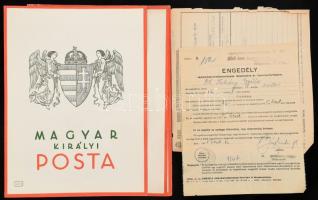 cca 1930-1945 5 db M. Kir. Posta dísztávirat, különféle illusztrációkkal (Szinyei Merse Pál, Biczó András, stb.) + Engedély rádióműsorvevő berendezés létesítésére + távirat. Vegyes állapotban.