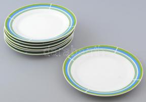 Zöld-kék csíkos süteményes tányér, 7 db, matricás, jelzés nélkül, kis kopásnyomokkal, d: 19 cm