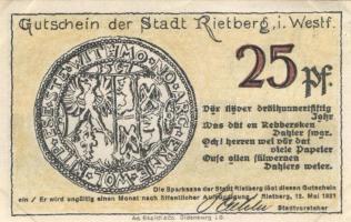 Német Birodalom /Weimari Köztársaság/ Rietberg 1921. 25Pf + 50Pf + 1M + 2M + 5M 5klf db, teljes sor ...