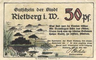 Német Birodalom /Weimari Köztársaság/ Rietberg 1921. 25Pf + 50Pf + 1M + 2M + 5M 5klf db, teljes sor ...