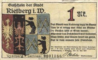 Német Birodalom /Weimari Köztársaság/ Rietberg 1921. 25Pf + 50Pf + 1M + 2M + 5M 5klf db, teljes sor ...