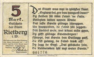 Német Birodalom /Weimari Köztársaság/ Rietberg 1921. 25Pf + 50Pf + 1M + 2M + 5M 5klf db, teljes sor ...